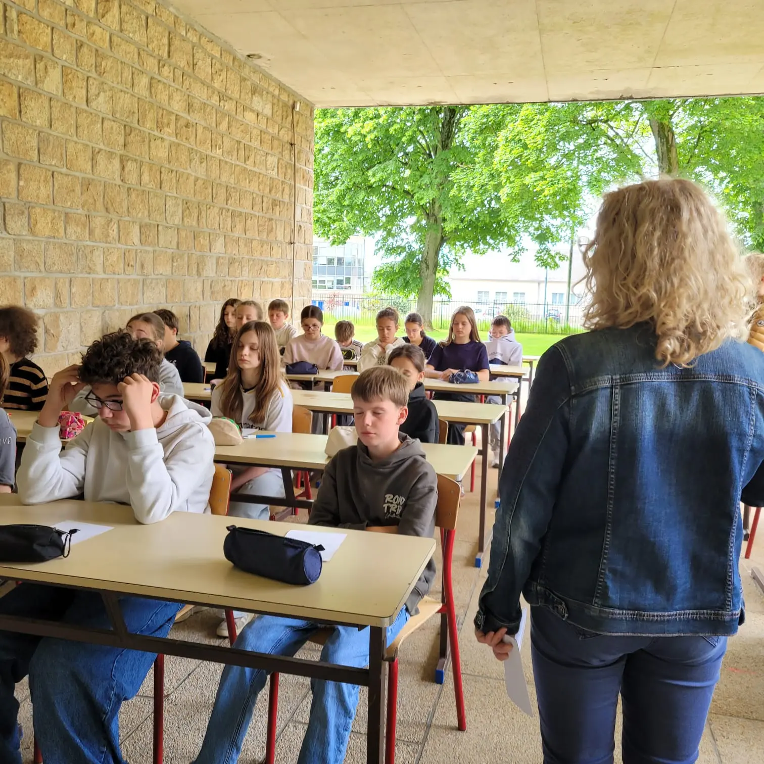 Des élèves participent à une pratique méditative guidée en extérieur
